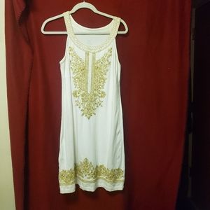 VINTAGE THEA- SCOOP NECK SUNDRESS W/ GOLD SEWN/SEQUINED TRIM/M/NWOT